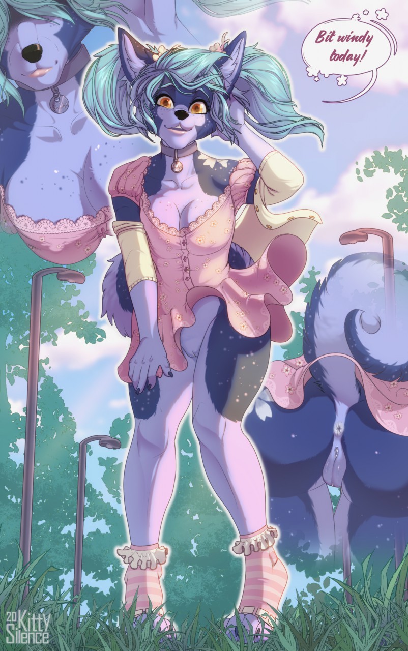 anthro anus blue_body blue_fur breasts canid canine canis cleavage clothed clothing dialogue domestic_dog dress english_text female fur genitals green_hair hair hi_res kitty_silence mammal pussy solo text upskirt