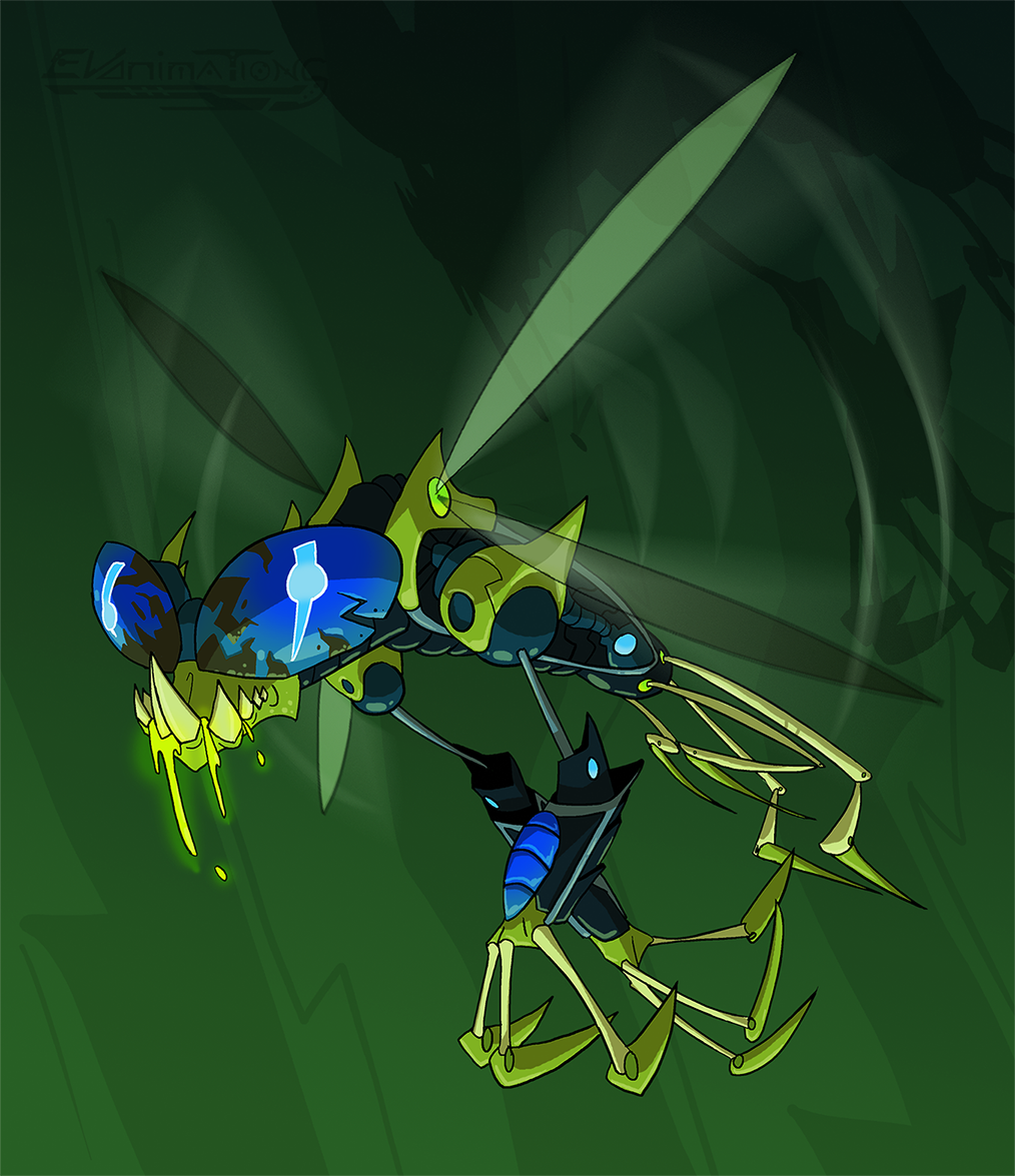 2015 ambiguous_gender armor arthropod bionicle blue_eyes bodily_fluids corruption digital_drawing_(artwork) digital_media_(artwork) evanimations feral glowing glowing_drool green_background green_body green_eyes insect insect_wings lego long_fingers machine multicolored_body multicolored_eyes nui-rama rahi robot saliva shadow simple_background solo teeth two_tone_eyes wings