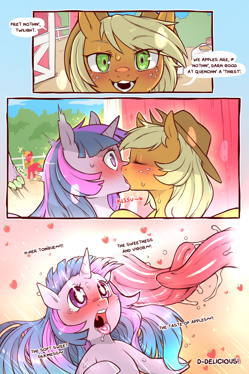 &lt;3 2:3 applejack_(mlp) being_watched big_macintosh_(mlp) blush bodily_fluids brother brother_and_sister cold-blooded-twilight comic dialogue drooling english_text equid female female/female feral french_kissing friendship_is_magic hi_res horn kissing looking_at_another male mammal my_little_pony open_mouth saliva sibling sister spike_(mlp) sweat tears text tongue twilight_sparkle_(mlp) unicorn