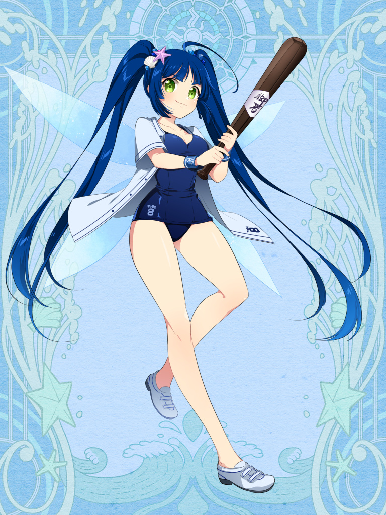 1girl ahoge bangs blue_background blue_hair breasts cleavage club dairoku_youhei fairy_wings full_body green_eyes hair_ornament jacket l_(matador) long_hair smile solo star star_hair_ornament swimsuit twintails very_long_hair weapon white_footwear white_jacket wings