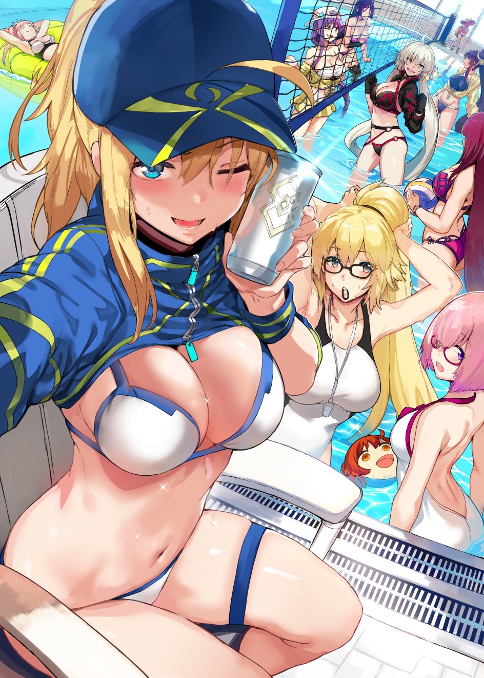 6+girls :d ;d ahoge animal_ear_fluff animal_ears artist_name artoria_pendragon_(all) ass ball bangs bare_shoulders baseball_cap bb_(fate)_(all) bb_(swimsuit_mooncancer)_(fate) bikini bikini_under_clothes black_bikini black_gloves black_jacket blonde_hair blue_bikini blue_eyes blue_headwear blush bracelet breasts can choker cleavage clenched_hands collarbone competition_swimsuit day ears_through_headwear eyebrows_visible_through_hair fate/grand_order fate_(series) fox_ears fox_tail glasses gloves hair_between_eyes hair_ornament hair_over_one_eye hair_ribbon hair_through_headwear hair_tie_in_mouth hands_up hat hews_hack highres holding holding_ball holding_can holding_hair jacket jeanne_d'arc_(alter_swimsuit_berserker) jeanne_d'arc_(fate)_(all) jeanne_d'arc_(swimsuit_archer) jewelry large_breasts long_hair looking_at_viewer mash_kyrielight medb_(fate)_(all) medb_(swimsuit_saber)_(fate) medium_breasts minamoto_no_raikou_(fate/grand_order) minamoto_no_raikou_(swimsuit_lancer)_(fate) mouth_hold multiple_girls mysterious_heroine_xx_(foreigner) navel o-ring o-ring_bikini one-piece_swimsuit one_eye_closed open_mouth pink_hair ponytail purple_bikini purple_eyes purple_hair ribbon scathach_(fate)_(all) scathach_(swimsuit_assassin)_(fate) shirt short_hair shrug_(clothing) side-tie_bikini side_ponytail sideways_hat silver_hair sitting skirt smile sparkle star straw_hat sun_hat sweat swimsuit swimsuit_of_perpetual_summer tail tamamo_(fate)_(all) tamamo_no_mae_(fate) tamamo_no_mae_(swimsuit_lancer)_(fate) thigh_strap tiara twintails very_long_hair volleyball volleyball_net wading watermark whistle whistle_around_neck white_bikini white_swimsuit yellow_eyes yellow_shirt yellow_skirt