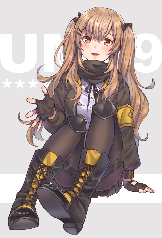 1girl armband bangs black_bow black_footwear black_gloves black_jacket black_legwear black_neckwear black_scarf black_skirt boots bow brown_hair character_name collared_shirt commentary cross-laced_footwear eyebrows_visible_through_hair fingerless_gloves girls_frontline gloves hair_bow hair_ornament hairclip jacket knee_pads lace-up_boots long_hair looking_at_viewer miniskirt neck_ribbon open_clothes open_jacket open_mouth pantyhose pleated_skirt ribbon scar scar_across_eye scarf shirt sitting skirt smile solo thighband_pantyhose totonii_(totogoya) twintails ump9_(girls_frontline) white_shirt