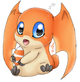 &lt;3 2012 alpha_channel ambiguous_gender aquapatamon blue_eyes digiegg digimon digimon_(species) egg head_wings holding_object low_res open_mouth orange_body patamon signature simple_background sitting solo tongue transparent_background wings