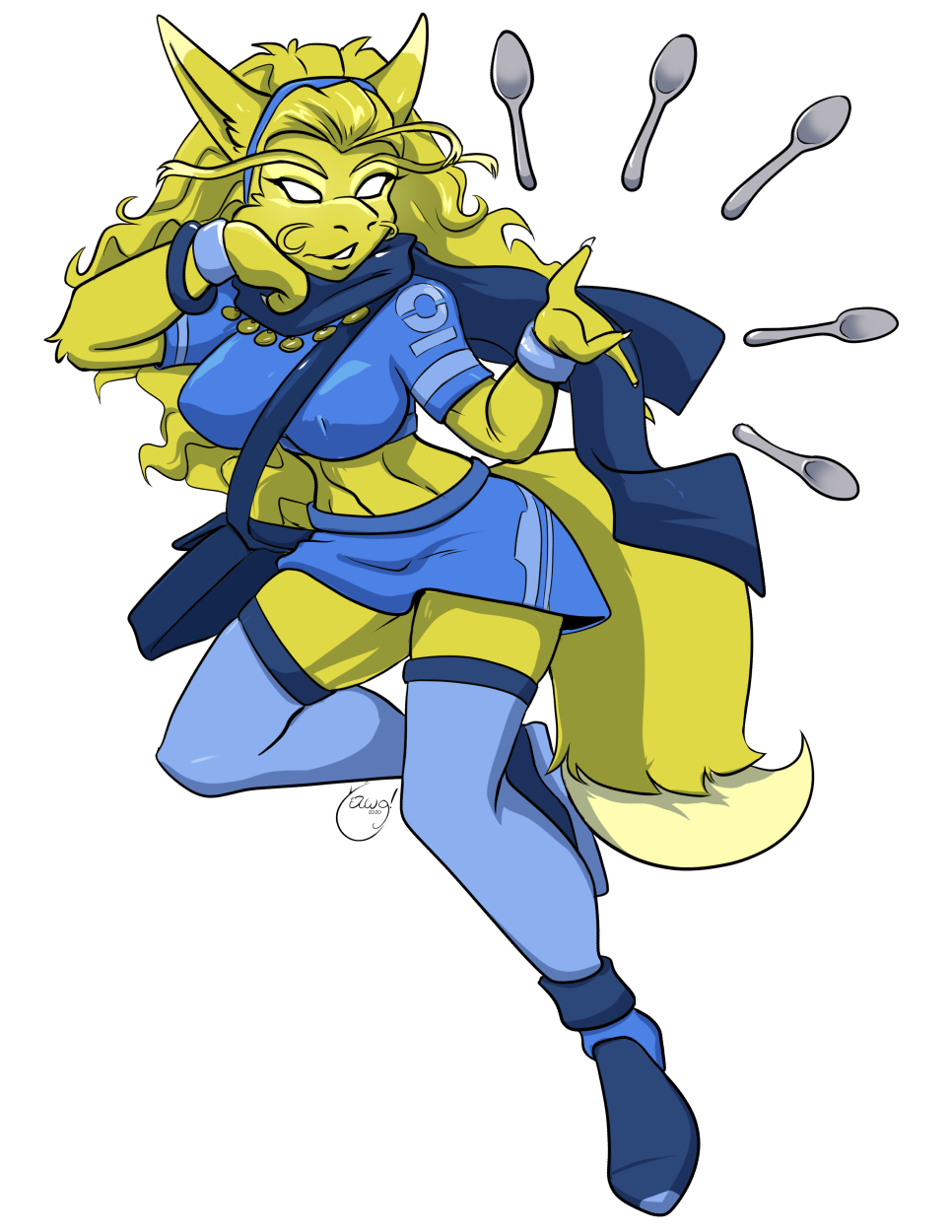 absolute_territory alakazam alpha_channel anthro blonde_hair bottomwear breasts clothing cutlery female fur hair hi_res kitchen_utensils midriff nintendo pok&eacute;mon pok&eacute;mon_(species) simple_background skirt solo spoon tools transparent_background video_games yawg yellow_body yellow_fur