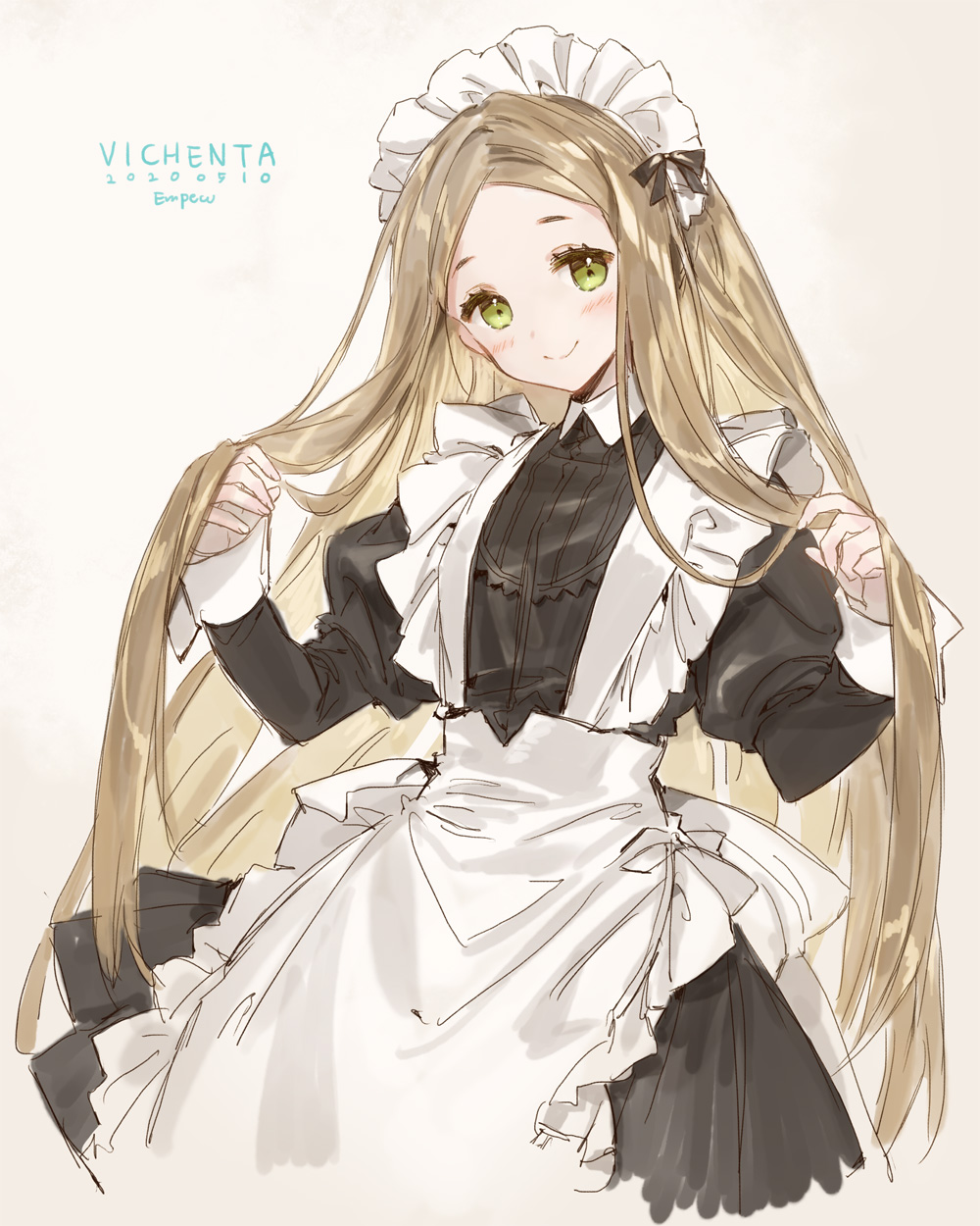 1girl apron beige_background black_ribbon blonde_hair blush closed_mouth cowboy_shot dated empew flat_chest frilled_apron frills green_eyes hair_lift head_tilt highres juliet_sleeves long_hair long_sleeves looking_at_viewer maid maid_apron maid_headdress original puffy_sleeves ribbon sketch smile solo very_long_hair w_arms white_apron