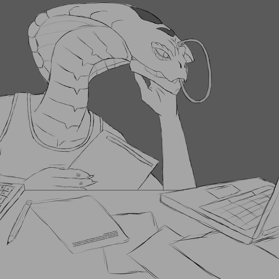 1:1 agent_torque anthro calculator claws clothed clothing computer female forked_tongue hand_on_face hand_on_head laptop monochrome naga paper pencil_(object) reptile scalie serpentine simple_background snake snake_hood solo taxes thinking tongue tongue_out topwear unknown_artist video_games viper_(x-com) x-com x-com:_chimera_squad