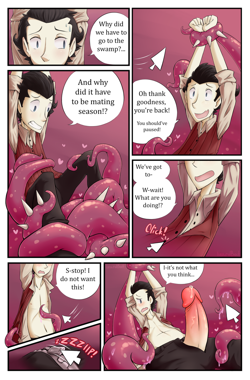 &lt;3 blush bodily_fluids breaking_the_fourth_wall clothed clothing comic cursor dialogue digital_media_(artwork) don't_starve english_text erection forced genital_fluids genitals gummitentacle hair hi_res human humanoid_genitalia humanoid_penis klei_entertainment male mammal nipples not_furry partially_clothed penis precum solo_focus spikes tentabat tentacles text undressing video_games wilson_percival_higgsbury