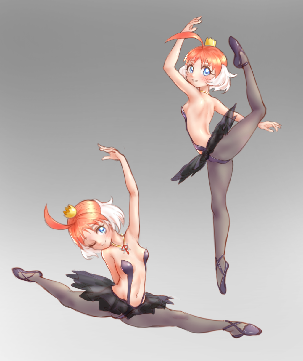 1girl abstract_background ahoge arm_up artoise back ballerina ballet black_tights black_tutu blue_eyes blush breasts caucasian cosplay crotch crown en_pointe eyebrows_visible_through_hair headdress highres jewelry legs looking_back medium_hair navel necklace on_ground one_eye_closed open_mouth pantyhose pendant pointe_shoes princess_kraehe princess_kraehe_(cosplay) princess_tutu princess_tutu_(character) shoulder_blades small_breasts smile split spread_legs tutu