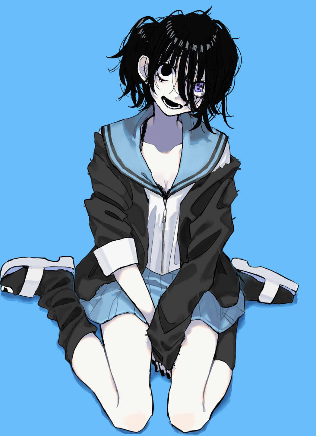 1girl asymmetrical_legwear asymmetrical_sleeves black_eyes black_hair black_nails blue_eyes blue_skirt breasts cleavage coppelion from_above hair_between_eyes heterochromia highres ichikawa_meisa kneehighs looking_at_viewer looking_up loose_kneehigh miniskirt nail_polish open_mouth pale_skin radiation_symbol sandals school_uniform serafuku side_ponytail simple_background sitting skirt sleeve_rolled_up small_breasts solo symbol-shaped_pupils torn_clothes torn_legwear yoshioka_suke zipper