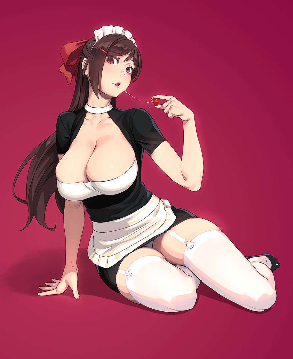 1girl alternate_costume apron arm_support bangs blush breasts brown_eyes brown_hair cleavage collarbone commentary_request enmaided eyebrows_visible_through_hair food fruit full_body garter_straps hair_ornament hair_ribbon hairclip highres kantai_collection large_breasts lips long_hair looking_at_viewer maid maid_apron maid_dress maid_headdress mamiya_(kantai_collection) open_mouth panties pantyshot red_background ribbon saliva saliva_trail shoes short_sleeves simple_background sitting skindentation solo strawberry thighhighs thighs underwear waist_apron white_apron white_legwear yokozuwari yuuji_(and)