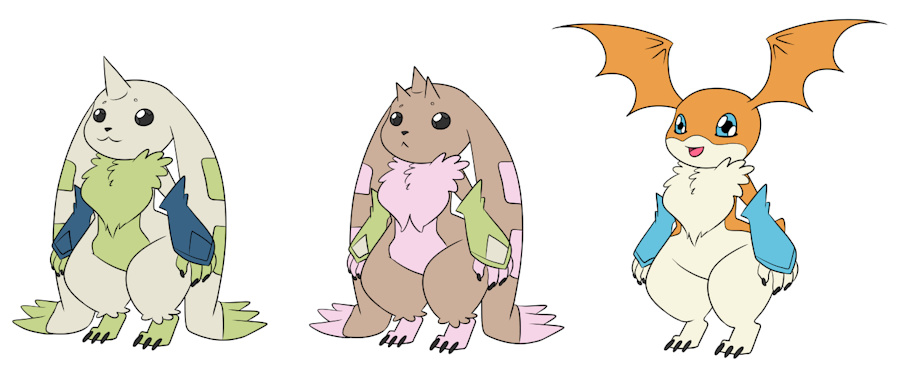 2019 ambiguous_gender anthro bat_wings black_claws black_eyes blue_eyes brown_body brown_fur claws clothing digimon digimon_(species) eyebrows floppy_ears fur fusion gloves green_body green_fur green_markings handwear head_wings horn hybrid lopmon markings membrane_(anatomy) membranous_wings open_mouth open_smile orange_body orange_fur patamon pink_body pink_fur pink_markings renamon simple_background smile standing tan_body tan_fur terriermon thebrave toe_claws tuft white_background wings