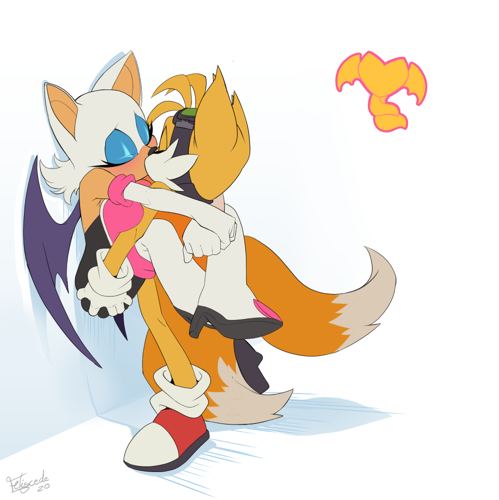 against_wall canid canine chiropteran feliscede female fox held_up holding_butt hug kissing male mammal miles_prower passionate_kiss rouge_the_bat simple_background sonic_the_hedgehog_(series)