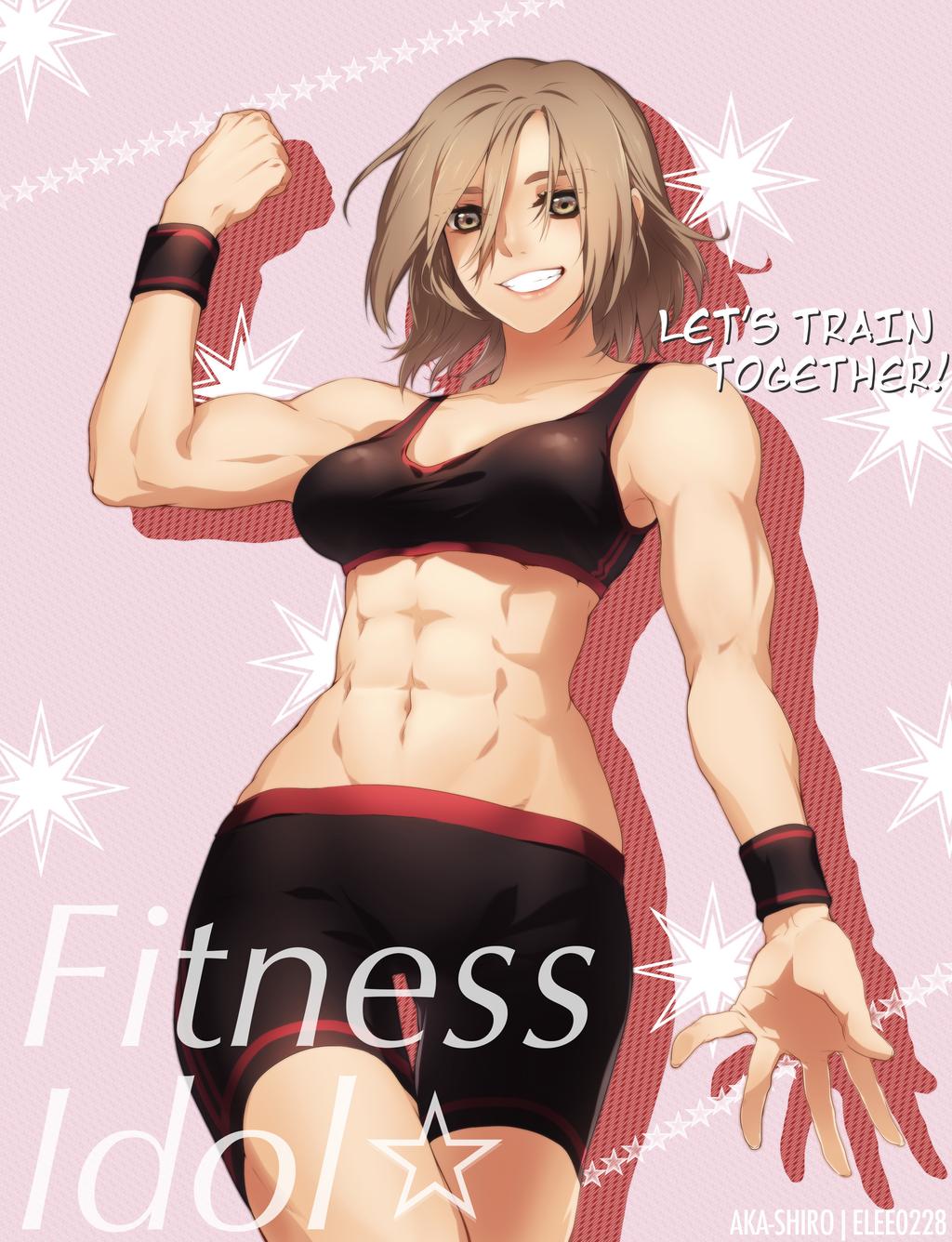 1girl abs aka-shiro biceps clenched_hand collarbone elee0228 english_text flexing highres looking_at_viewer navel original pink_background pose short_hair shorts solo sports_bra sportswear standing star teeth tight watermark