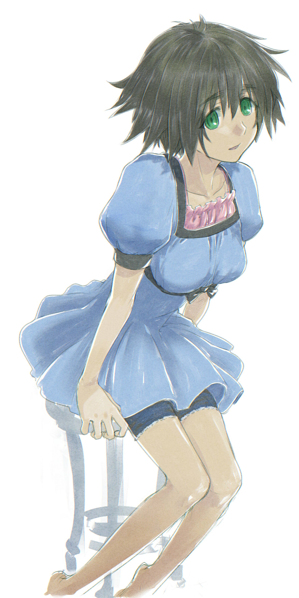1girl bangs barefoot black_ribbon blue_dress blue_shorts breasts brown_hair collarbone dress eyebrows_visible_through_hair green_eyes hair_between_eyes highres looking_at_viewer medium_breasts menomorute open_mouth rei_no_himo ribbon shiina_mayuri shiny shiny_hair shiny_skin short_dress short_hair short_sleeves shorts shorts_under_dress simple_background sitting solo steins;gate sundress white_background