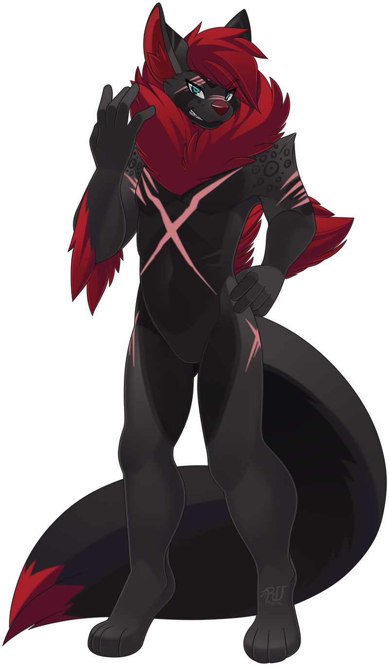 4_toes 5_fingers alpha_channel anthro black_body black_fur blue_eyes canid canine featureless_crotch fingers fur hair hi_res looking_at_viewer male mammal nude red_hair red_nose rudragon simple_background solo toes transparent_background