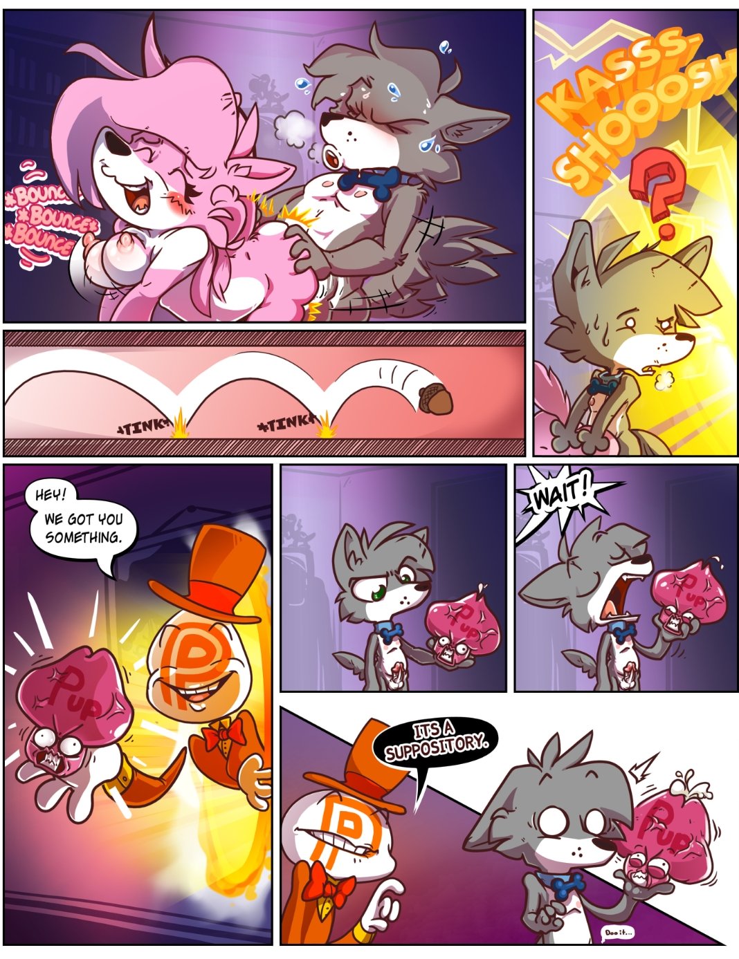 acorn aeris_(vg_cats) all_fours alternate_species anthro anthro_on_anthro anthro_penetrated anthro_penetrating anthro_penetrating_anthro bouncing_breasts breasts canid canine canis clothing comic dialogue doggystyle domestic_dog english_text erection female female_penetrated food from_behind_position fruit fur genitals grey_body grey_fur group hat headgear headwear hi_res humanoid_genitalia humanoid_penis humor leo_(vg_cats) male male/female male_penetrating male_penetrating_female mammal nude nut_(fruit) penetration penis pink_body pink_fur plant portal scott_ramsoomair sex small_penis text top_hat vg_cats vglewds webcomic