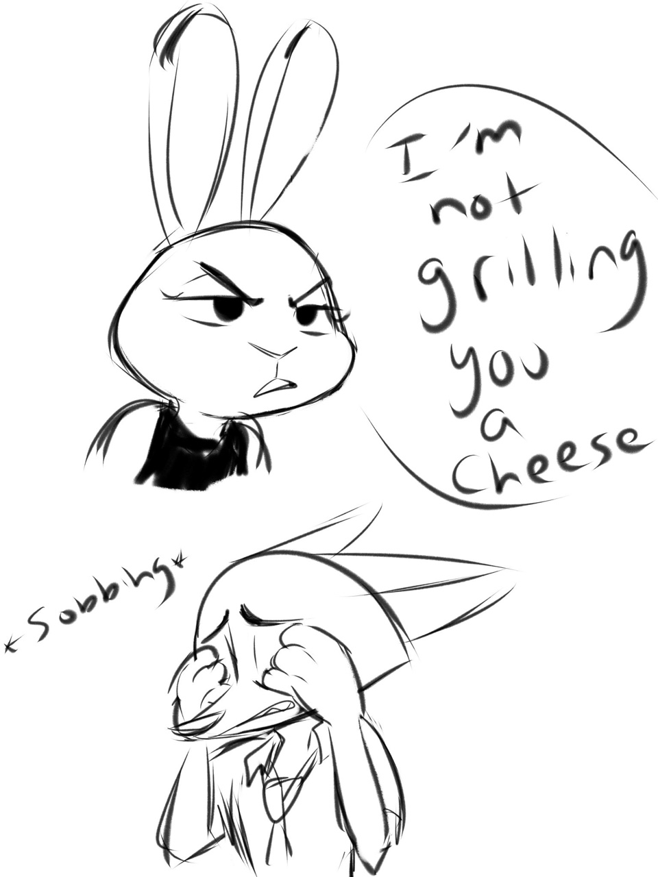 3:4 angst anthro betrayal bodily_fluids canid canine clothed clothing covering covering_eyes covering_face crying dialogue disney duo english_text fox fur heartbroken hi_res humor judy_hopps lagomorph leporid mammal mean monochrome nick_wilde rabbit red_fox simple_background source_request speech_bubble tears text unknown_artist white_background zootopia