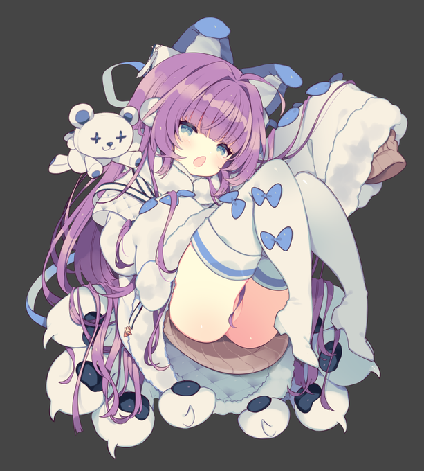 1girl animal_ears azur_lane bear black_background blue_eyes blush brown_sweater coat dress eyebrows_visible_through_hair fake_animal_ears full_body fur-trimmed_coat fur-trimmed_sleeves fur_trim hair_ornament hair_ribbon long_hair long_sleeves looking_at_viewer open_mouth peroppafu ponytail purple_hair ribbon simple_background sweater sweater_dress tashkent_(azur_lane) thighhighs toy very_long_hair very_long_sleeves white_coat white_legwear winter_clothes