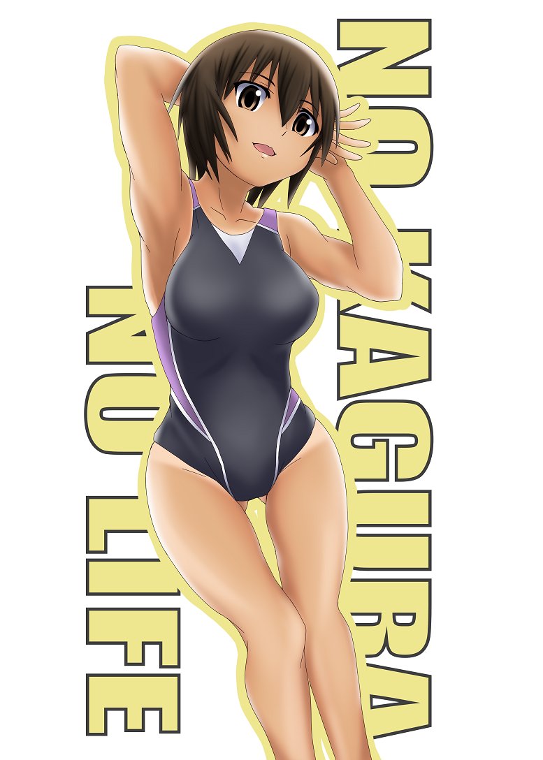 1girl arms_behind_head ass_visible_through_thighs azumanga_daiou background_text black_hair black_swimsuit brown_eyes commentary_request competition_swimsuit feet_out_of_frame kagura_(azumanga_daiou) leaning_to_the_side morichan one-piece_swimsuit open_mouth short_hair solo standing swimsuit tan tanline thigh_gap white_background