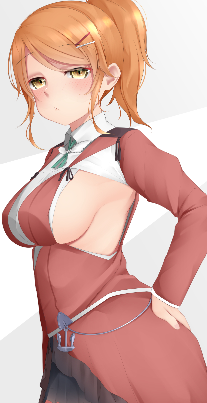 1girl :&lt; anchor aquila_(kantai_collection) armpit_cutout black_skirt blush breasts collared_shirt eyebrows_visible_through_hair green_ribbon grey_background hair_ornament hairclip high_ponytail highres jacket kantai_collection long_hair long_sleeves miniskirt ne_an_ito neck_ribbon orange_hair ponytail red_jacket ribbon shirt sidelocks skirt two-tone_background wavy_hair white_background white_shirt yellow_eyes