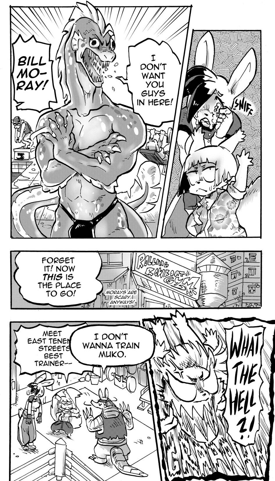 angry anthro armadillo bulge clothed clothing comic cookie_(furryfight_chronicles) daigaijin dialogue eel english_text female fish fur furryfight_chronicles group hair hi_res lagomorph leporid male mammal marine monochrome moray_eel muko rabbit rodent sciurid text thong topless tree_squirrel underwear xenarthran