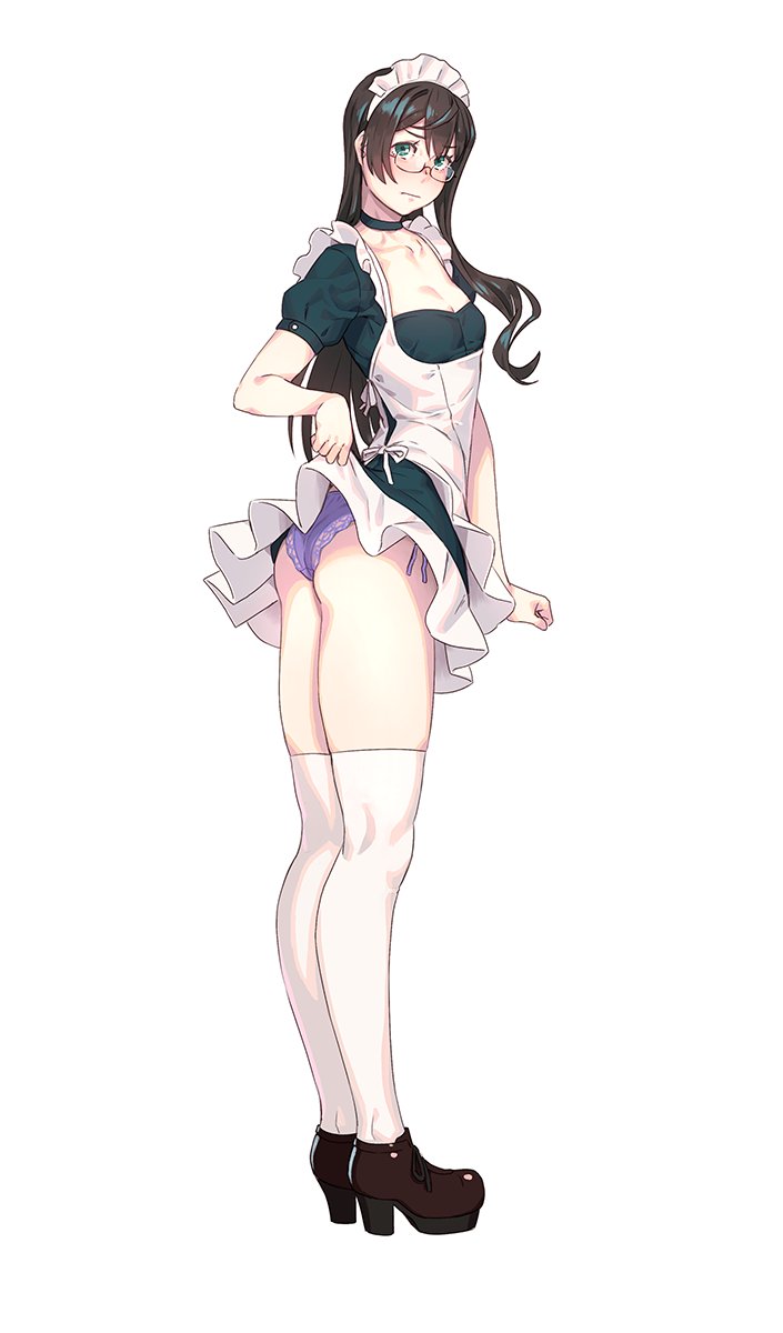 1girl alternate_costume apron ass black_hair blush breasts commentary_request dress dress_lift enmaided eyebrows_visible_through_hair frilled_apron frills from_side full_body glasses green_eyes hairband high_heels highres kantai_collection lace lace-trimmed_panties legs long_hair looking_at_viewer maid maid_apron maid_headdress ooyodo_(kantai_collection) panties puffy_sleeves purple_panties semi-rimless_eyewear side-tie_panties simple_background small_breasts solo thighhighs under-rim_eyewear underwear white_background white_legwear yuuji_(and)