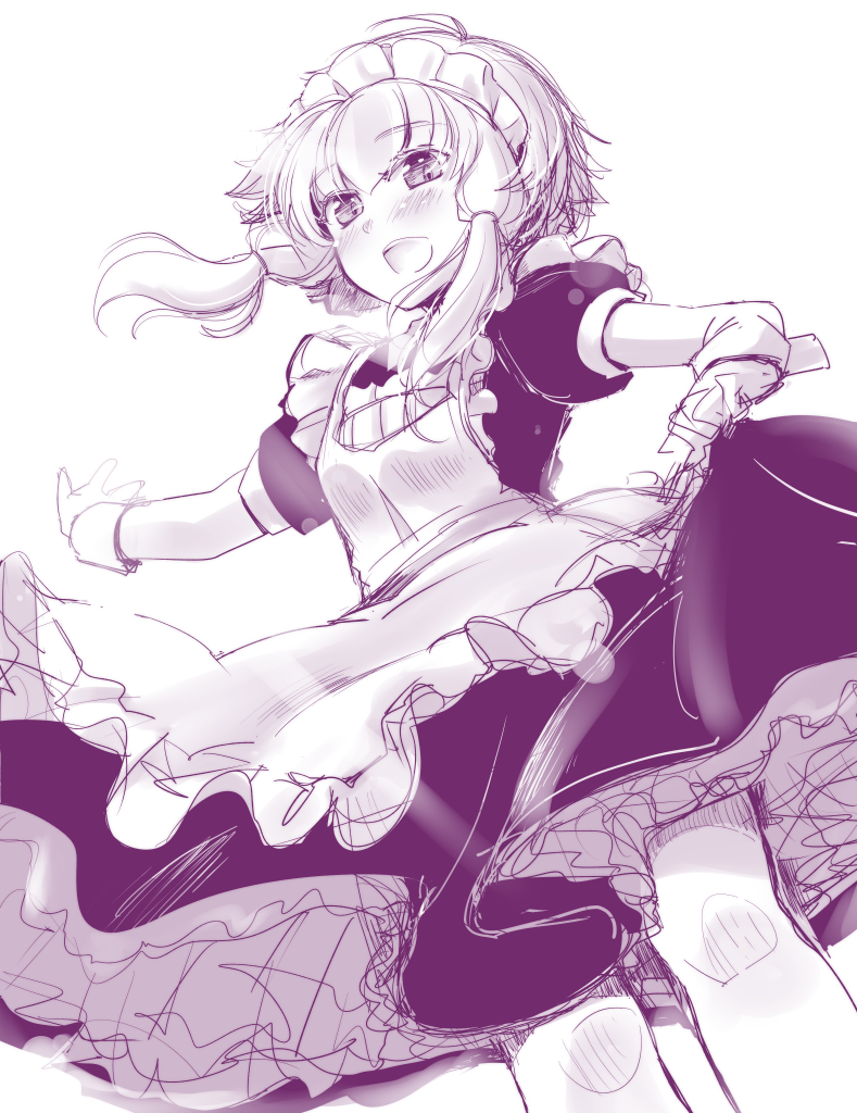 1girl apron blush commentary cowboy_shot dutch_angle frilled_skirt frills from_below maid maid_apron maid_day maid_dress maid_headdress monochrome nise_nanatsura open_mouth outstretched_arm petticoat short_hair_with_long_locks short_sleeves sidelocks sketch skirt skirt_hold smile solo vocaloid voiceroid white_background wrist_cuffs yuzuki_yukari