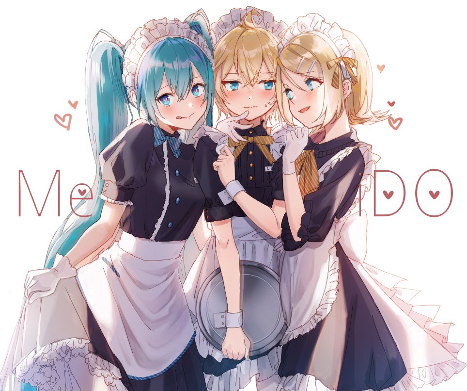 1boy 2girls apron aqua_eyes aqua_hair backlighting bangs black_dress blonde_hair blush commentary cowboy_shot crossdressing dress embarrassed frilled_apron frills gloves hair_ornament hairclip hand_on_another's_chin hand_up hatsune_miku heart holding holding_tray jam_(zamuchi) kagamine_len kagamine_rin long_hair looking_at_another maid maid_apron maid_day maid_dress maid_headdress multiple_girls open_mouth raised_eyebrows short_hair short_sleeves skirt_hold smile spiked_hair sweat swept_bangs symbol_commentary tongue tongue_out tray twintails very_long_hair vocaloid white_apron white_background white_gloves wrist_cuffs