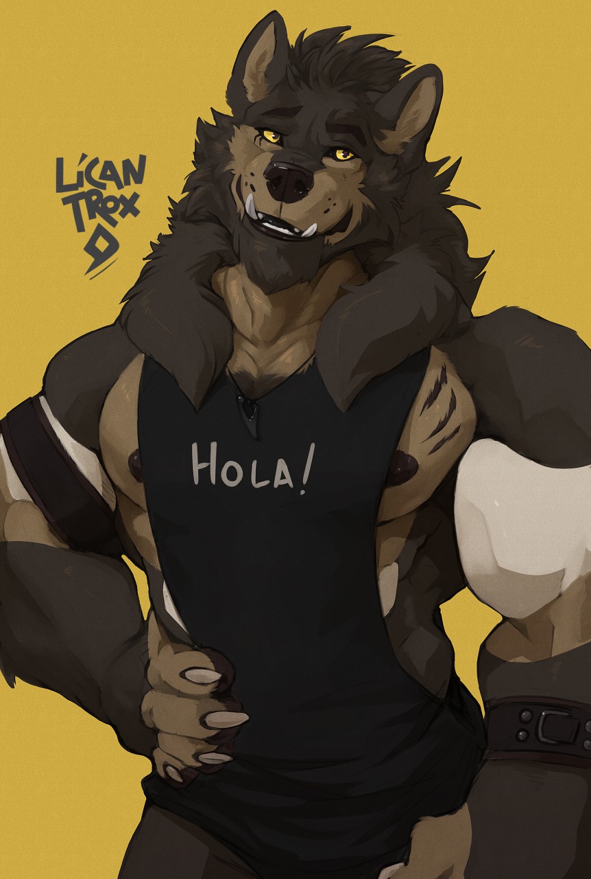 anthro bracelet canid canine canis casual_clothing clothed clothing digital_media_(artwork) fluffy fur hi_res jewelry licantrox male mammal muscular muscular_male nipples pecs pendant scar shirt simple_background smile solo tank_top topwear were werecanid werecanine werewolf wolf