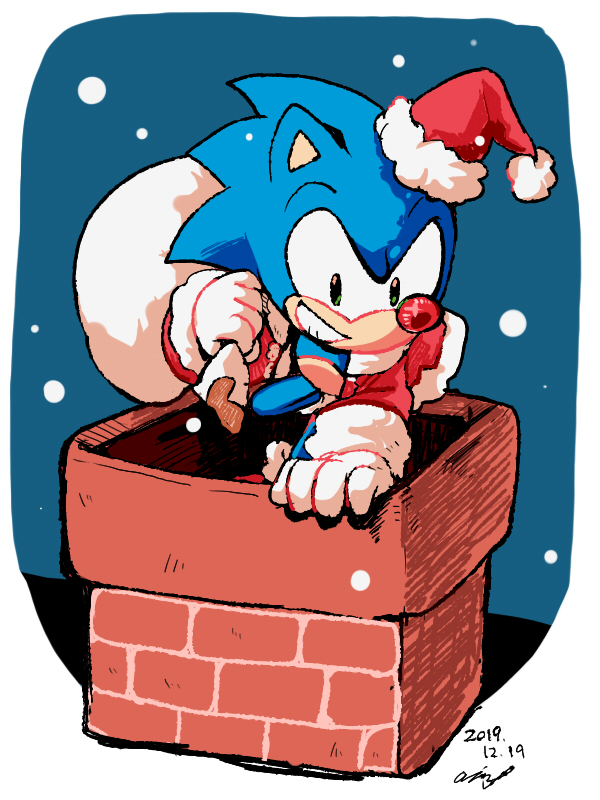 2019 3:4 aimf0324 anthro chimney christmas clothing eulipotyphlan gloves handwear hat headgear headwear hedgehog holidays male mammal red_nose santa_hat signature snow solo sonic_the_hedgehog sonic_the_hedgehog_(series) video_games