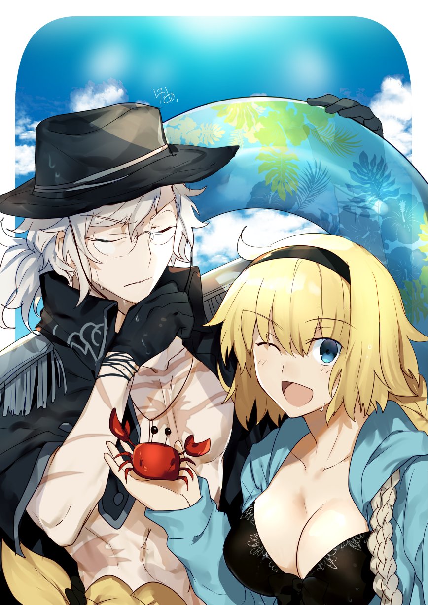 1boy 1girl animal bag black_coat black_gloves black_hairband black_hat black_swimsuit blonde_hair blue_eyes blue_jacket blush braid breasts cleavage cloud coat collarbone crab day edmond_dantes_(fate/grand_order) eyebrows_visible_through_hair eyes_closed fate/grand_order fate_(series) glasses gloves hair_between_eyes hair_ornament hair_ribbon hairband hat highres holding holding_animal hood hooded_jacket innertube jacket jacket_on_shoulders jeanne_d'arc_(fate)_(all) jeanne_d'arc_(swimsuit_archer) large_breasts long_hair looking_at_viewer monte_cristo_selection nikame one_eye_closed open_mouth ponytail ribbon scar shirtless signature single_braid sky smile swimsuit white_hair