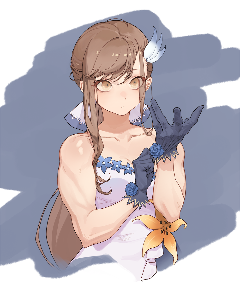 1girl bangs blue_gloves brown_eyes brown_hair closed_mouth collarbone cropped_torso defender_(girls_frontline) flower girls_frontline gloves hair_ornament highres long_hair muscle muscular_female sleeveless solo yellow_flower zzzearly