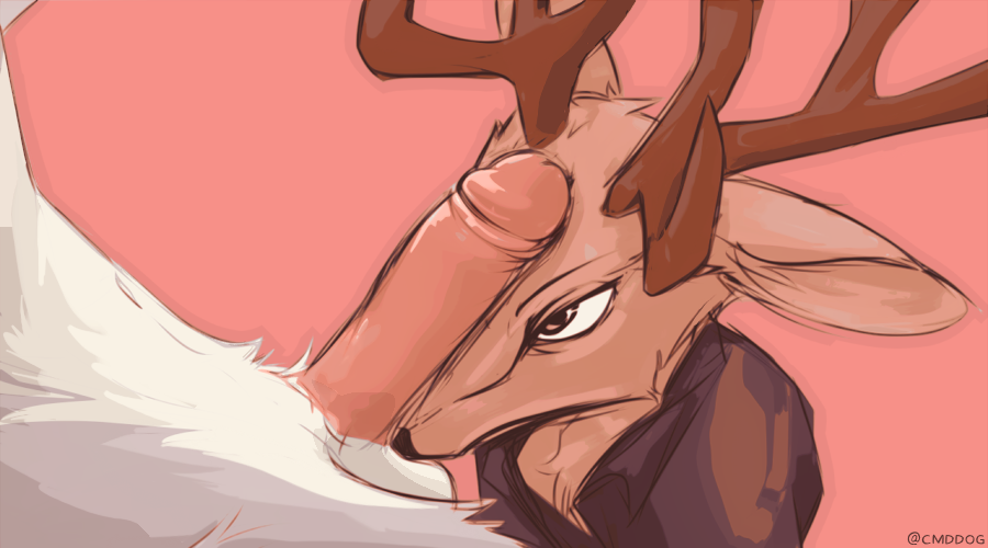 anthro anthro_on_anthro antlers beastars brown_body brown_fur canid canine canis cervid cervine duo erection fur genitals horn humanoid_genitalia humanoid_penis lawyerdog legoshi_(beastars) louis_(beastars) male male/male mammal penis penis_on_face penis_on_head pink_background red_deer retracted_foreskin simple_background uncut white_body white_fur wolf