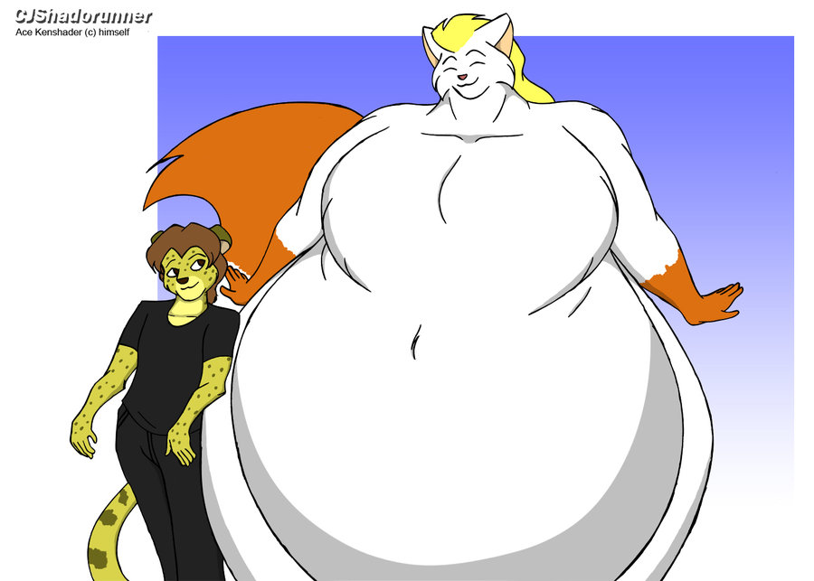 anthro cheetah cjshadorunner clothed clothing domestic_cat duo felid feline felis female male male/female mammal morbidly_obese nude obese overweight size_difference smile