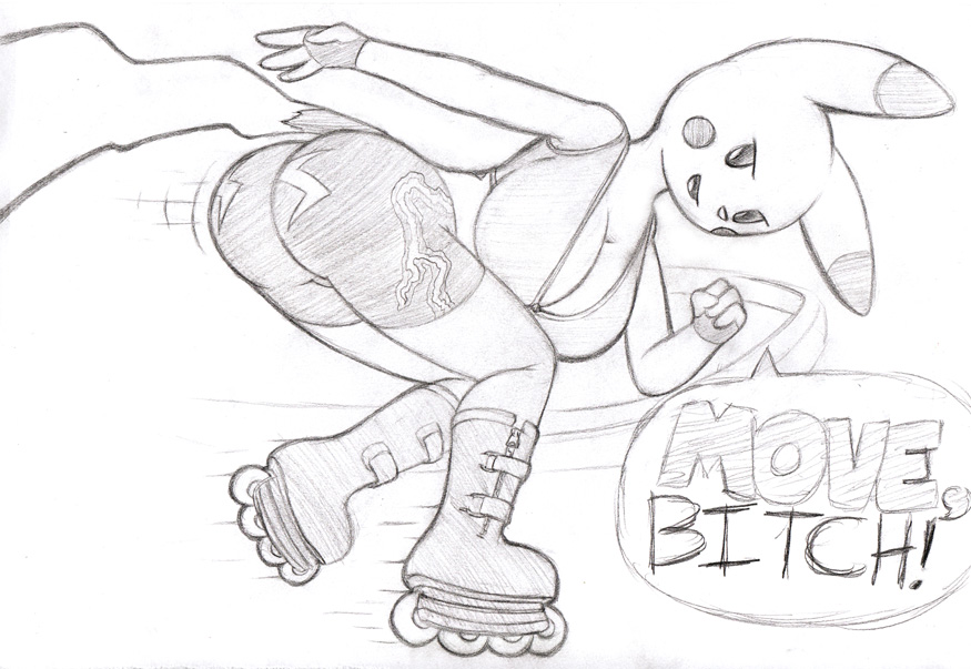 anthro athletic_clothing bent_over big_breasts big_butt bottomwear breasts butt butt_pose cleavage clothed clothing dialogue female fingerless_gloves gloves handwear inline_skates looking_at_viewer nintendo norithics pikachu pok&eacute;mon pok&eacute;mon_(species) pose rip_slyme roller_skating shorts solo video_games