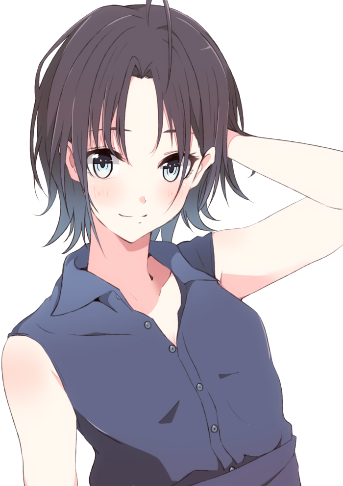 1girl arm_up asakura_tooru bangs bare_arms bare_shoulders blue_eyes blue_shirt blush brown_hair closed_mouth collarbone collared_shirt dress_shirt enelis eyebrows_behind_hair hand_behind_head idolmaster idolmaster_shiny_colors parted_bangs shirt short_hair simple_background sleeveless sleeveless_shirt smile solo upper_body white_background