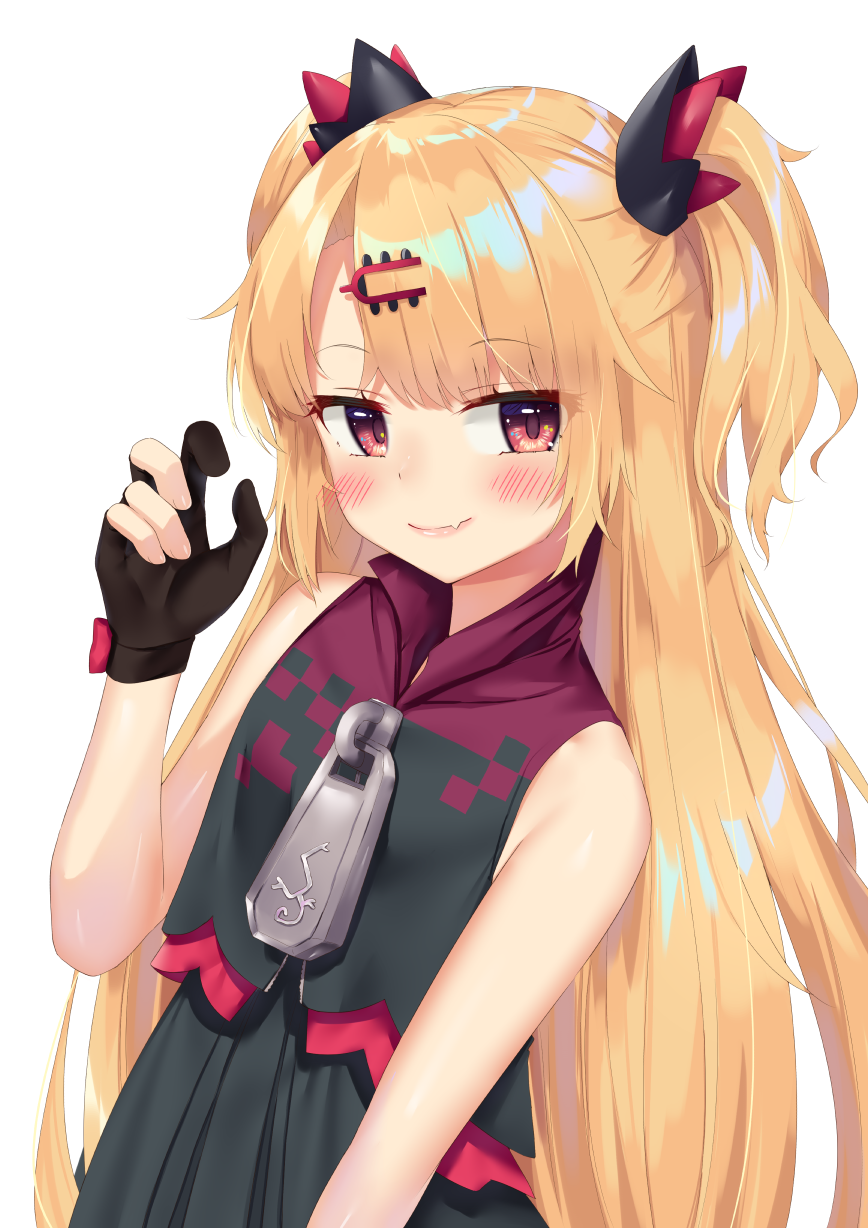1girl akatsuki_uni bangs bare_shoulders black_dress black_gloves blonde_hair blush closed_mouth dress eyebrows_visible_through_hair fang fang_out gloves hair_ornament hairclip hand_up highres k_mugura looking_at_viewer partly_fingerless_gloves red_eyes simple_background sleeveless sleeveless_dress smile solo two_side_up uni_channel virtual_youtuber white_background