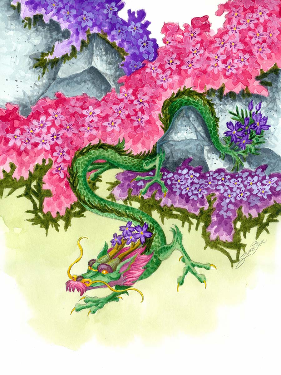 ambiguous_gender asian_mythology barbel_(anatomy) claws dragon east_asian_mythology eastern_dragon feral green_body green_scales hi_res horn mythology phlox_(flower) purple_body purple_scales rock sandy_schreiber scales solo yellow_body yellow_eyes yellow_scales
