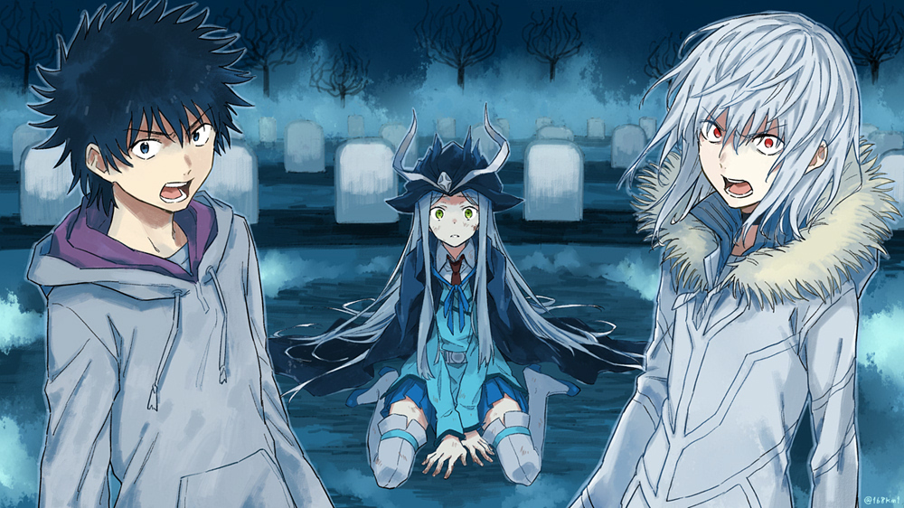 1girl 2boys accelerator aleister_crowley black_hair boots choker fur_trim hat hood hoodie jacket jisoku_(168km1) kamijou_touma multiple_boys necktie open_mouth red_eyes red_neckwear skirt thigh_boots thighhighs to_aru_majutsu_no_index to_aru_majutsu_no_index:_new_testament white_hair