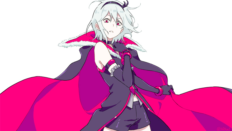 1boy accelerator black_choker black_gloves black_shorts choker cosplay crossdressing eas eas_(cosplay) elbow_gloves fresh_precure! frilled_gloves frills fur_trim gloves hairband jisoku_(168km1) precure red_eyes shorts to_aru_majutsu_no_index white_background white_hair