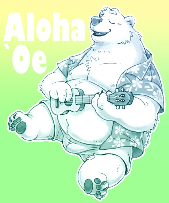 2020 anthro belly bottomwear bulge clothed clothing eyes_closed kemono male mammal moobs musical_instrument navel nipples open_shirt overweight overweight_male polar_bear shirt shorts solo text topwear ursid ursine zapapanda