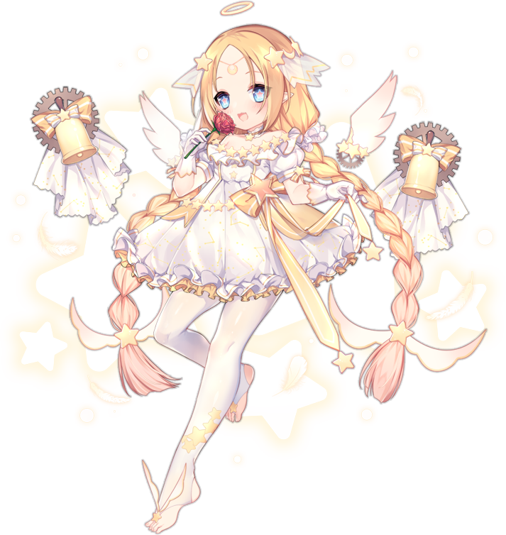 1girl :3 :d angel_(ark_order) angel_wings ao_jun ark_order bell blonde_hair blue_eyes blush bow braid constellation_print detached_wings diadem dress dress_bow falling_feathers flower forehead frilled_dress frills full_body gears gloves hair_ornament halo holding holding_flower long_hair looking_at_viewer mini_wings official_art pantyhose pink_pupils pointy_ears puffy_dress red_flower red_rose rose sheer_legwear short_dress sidelocks smile solo standing standing_on_one_leg star-shaped_pupils star_(symbol) star_hair_ornament star_print stirrup_legwear symbol-shaped_pupils tachi-e toeless_legwear transparent_background twin_braids veil very_long_hair white_dress white_gloves white_legwear white_wings wings yellow_bow