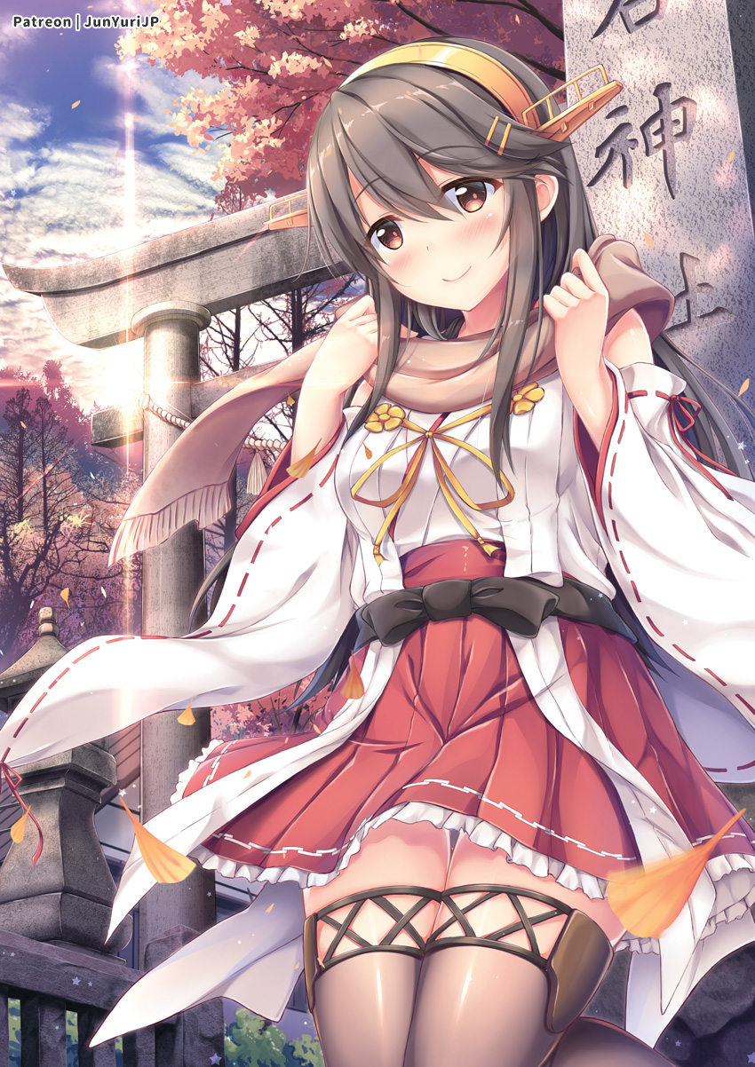 1girl bare_shoulders black_hair black_legwear blue_sky blush boots breasts brown_eyes cloud day detached_sleeves diffraction_spikes eyebrows_visible_through_hair hair_ornament hairband hairclip haruna_(kantai_collection) headgear highres japanese_clothes kantai_collection long_hair looking_at_viewer nontraditional_miko orange_hairband outdoors remodel_(kantai_collection) ribbon-trimmed_sleeves ribbon_trim scarf skirt sky smile solo thigh_boots thighhighs torii tree yuriko