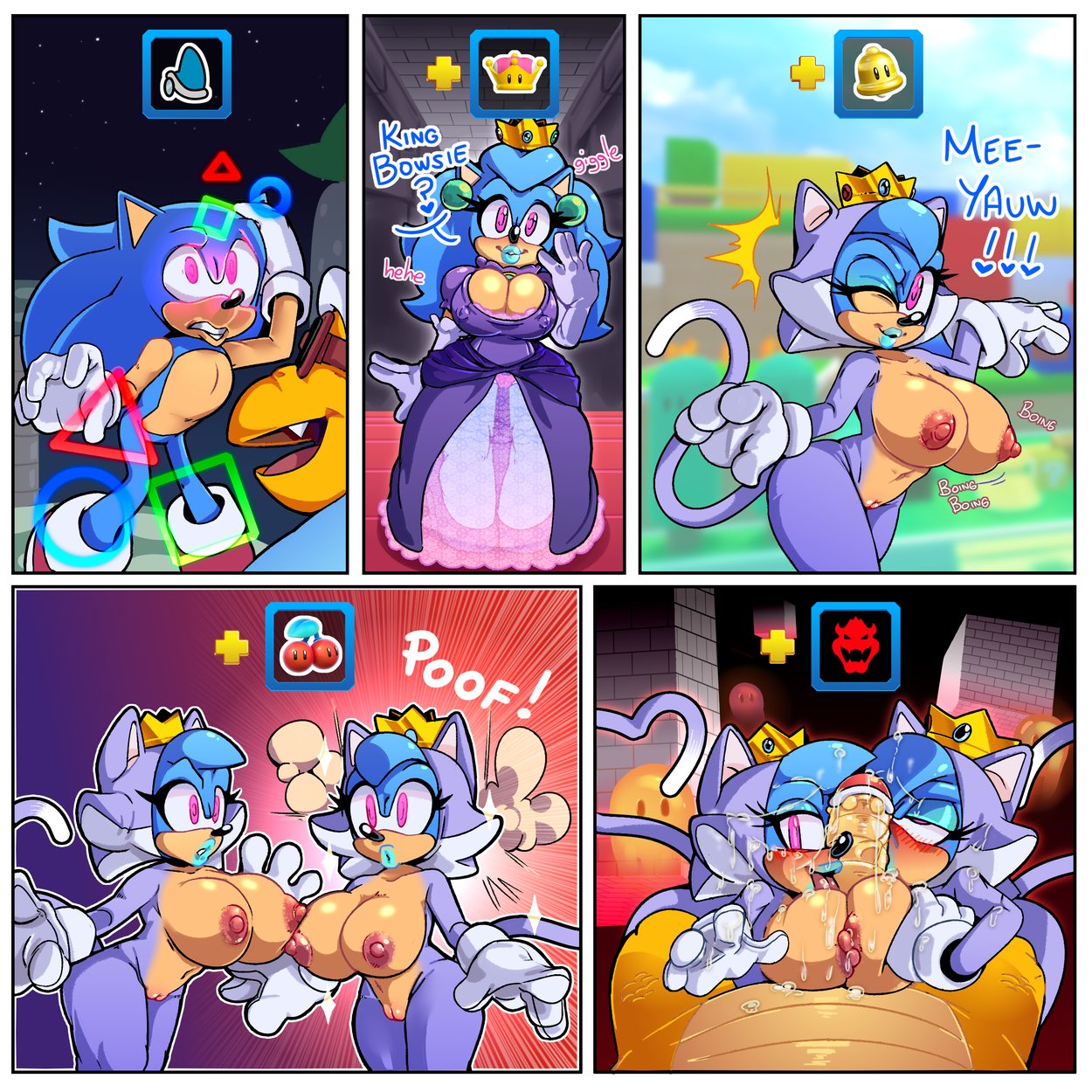1:1 anthro big_breasts blush bodily_fluids border bowser breasts clone cosplay crossgender cum cum_on_face eyeshadow female gender_transformation genital_fluids genitals group hi_res huge_breasts koopa lips lipstick magic makeup male male/female mario_bros mind_control missphase nintendo nipples oral penis pink_eyes pussy scalie sex sonic_the_hedgehog sonic_the_hedgehog_(series) thick_lips titfuck transformation video_games white_border
