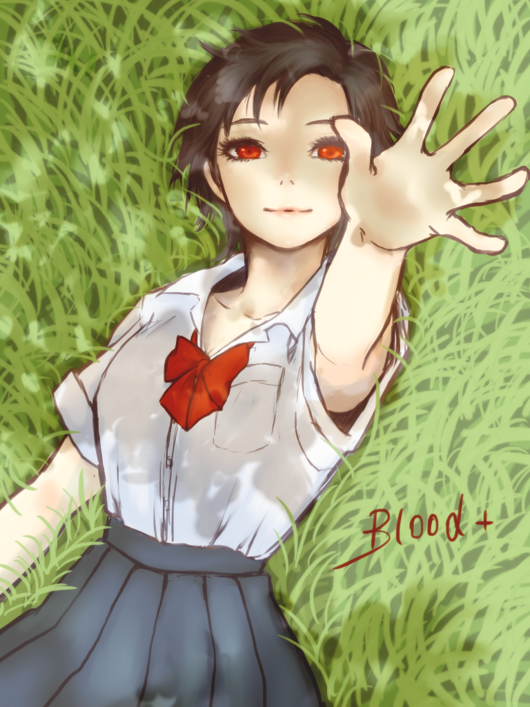 arm_up bangs black_hair black_skirt blood+ bow bowtie breasts closed_mouth collarbone commentary dress_shirt eyelashes grass light_smile looking_at_viewer looking_up lying medium_breasts on_back on_grass otonashi_saya pleated_skirt pocket reaching_out red_bow red_eyes red_neckwear red_ribbon ribbon ririko_deluxe shade shirt short_hair short_sleeves skirt swept_bangs upper_body white_shirt