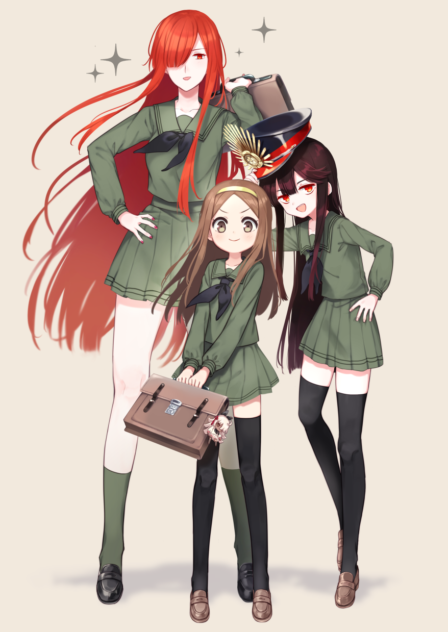 3girls alternate_costume bangs black_hair black_headwear black_legwear black_neckwear blush breasts brown_eyes brown_hair chacha_(fate/grand_order) closed_mouth collarbone dual_persona family_crest fate/grand_order fate_(series) forehead full_body green_legwear green_shirt green_skirt hair_over_one_eye hairband hat highres kneehighs kodamari koha-ace large_breasts long_hair long_sleeves looking_at_viewer multiple_girls neckerchief oda_nobunaga_(fate) oda_nobunaga_(fate)_(all) oda_nobunaga_(maou_avenger)_(fate) oda_uri open_mouth parted_bangs peaked_cap pleated_skirt red_eyes red_hair sailor_collar school_uniform serafuku shirt simple_background skirt small_breasts smile sparkle thighhighs tongue tongue_out
