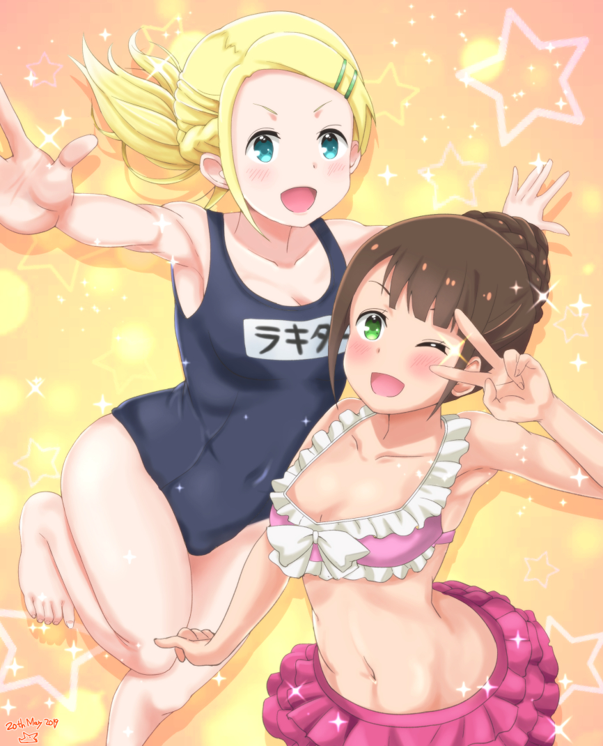 2girls bikini bikini_skirt blonde_hair blush bow breasts brown_hair cleavage commentary dated_commentary frilled_bikini frills green_eyes hair_ornament hairpin hitoribocchi_no_marumaru_seikatsu honshou_aru long_hair looking_at_viewer midriff multiple_girls navel one-piece_swimsuit open_mouth pink_bikini samenoido school_swimsuit smile sotoka_rakita sparkle star starry_background swimsuit v v_over_eye white_bow