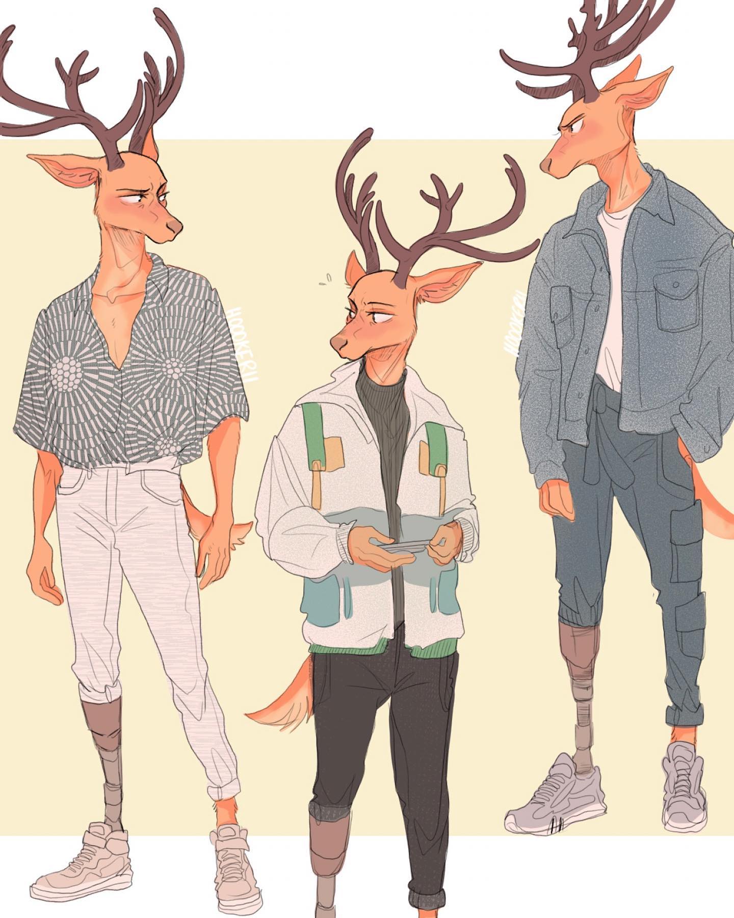 2020 4:5 anthro antlers beastars blush brown_body brown_fur cervid clothed clothing fully_clothed fur hi_res holding_object hoookerii horn jacket louis_(beastars) male mammal multiple_poses pose prosthetic prosthetic_leg prosthetic_limb simple_background solo tan_background topwear
