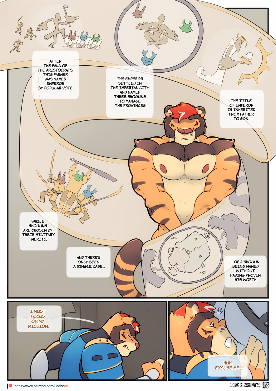 2019 abs anthro armor biceps clothed clothing comic dialogue english_text felid fur hair hi_res leobo male mammal muscular muscular_male nipples pantherine pecs speech_bubble text tiger url
