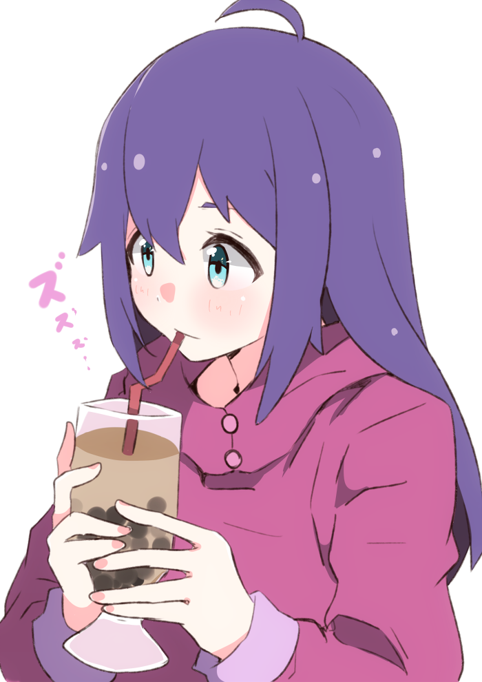 1girl ahoge bangs bendy_straw blue_eyes blush bubble_tea closed_mouth cup drinking drinking_straw enelis eyebrows_behind_hair hair_between_eyes holding holding_cup idolmaster idolmaster_million_live! idolmaster_million_live!_theater_days jacket long_hair long_sleeves looking_away mochizuki_anna purple_hair purple_jacket simple_background solo translation_request upper_body white_background